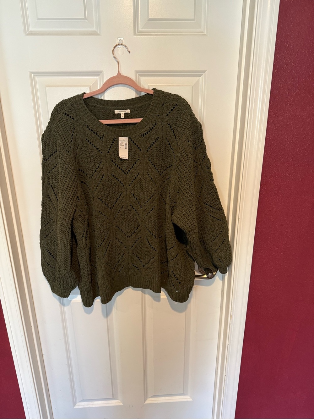 Maurices Olive Green Openwork Knit Crewneck Sweater